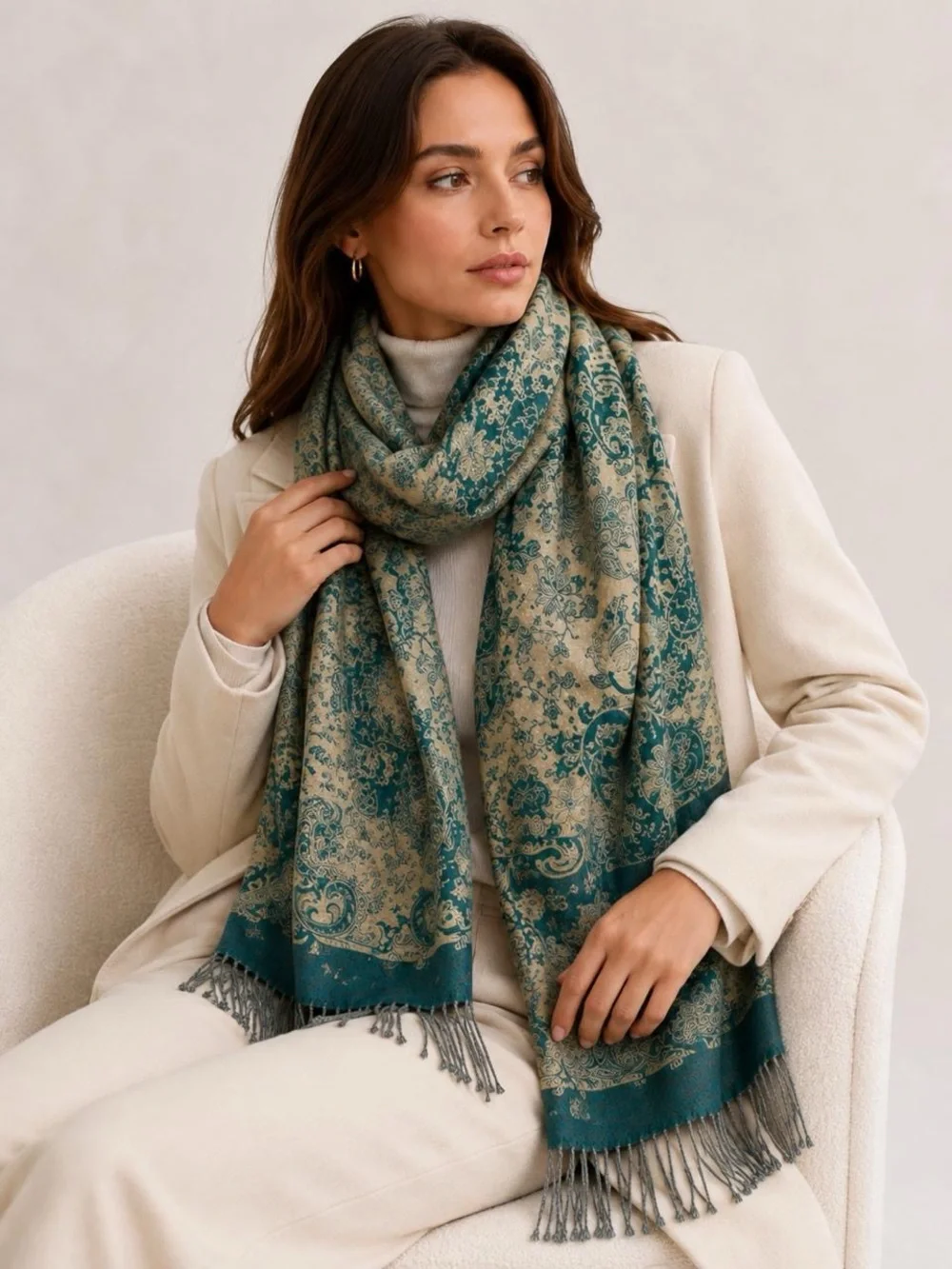 Beauty Pashmina Silk Paisley Floral Print Fringe Scarf Wrap Teal Gold One Size
